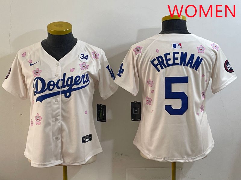 Women Los Angeles Dodgers 5 Freeman Cream Sakura Edition 2025 Nike MLB Jersey style 4